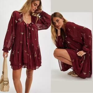 Free People Dainty Ethereal Billowy Garden Glory Mini Dress in Cabernet Small